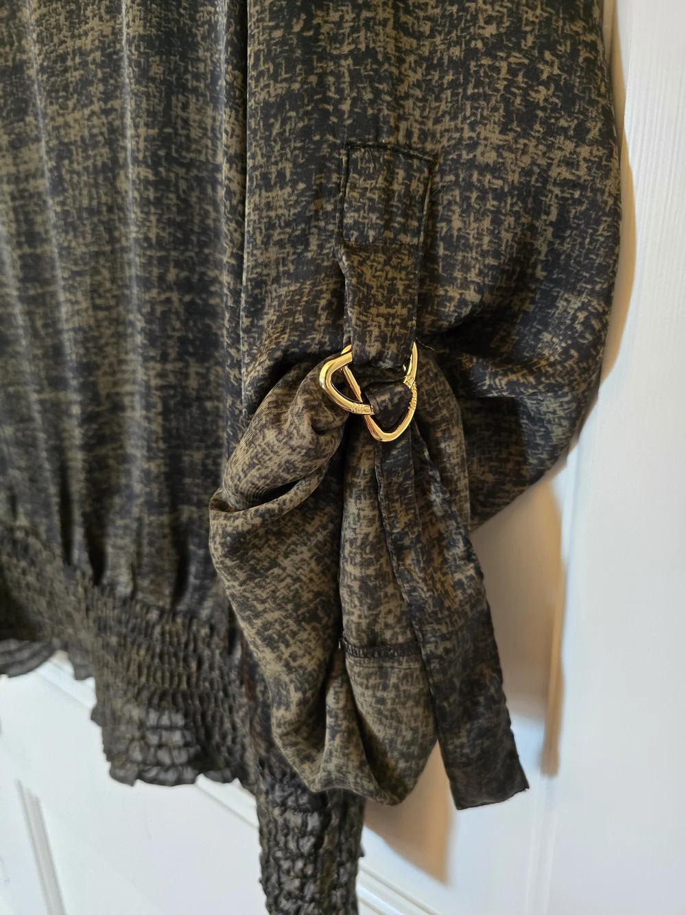Michael Kors Olive and Black Silky Smocked-Hem Tunic LARGE